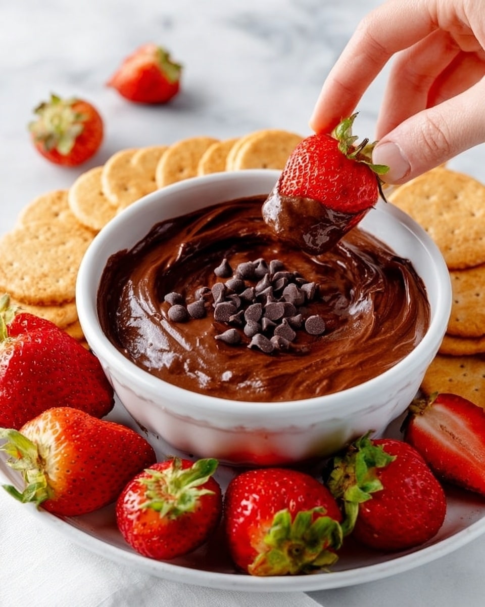 A white bowl filled with thick, smooth dark brown chocolate dip topped with small dark chocolate chips sits in the middle of a white plate. Around the bowl, there are bright red strawberries with green leaves and round golden crackers arranged neatly. A woman's hand is holding one strawberry, dipping it into the chocolate. The surface beneath everything is a white marbled texture. photo taken with an iphone --ar 4:5 --v 7