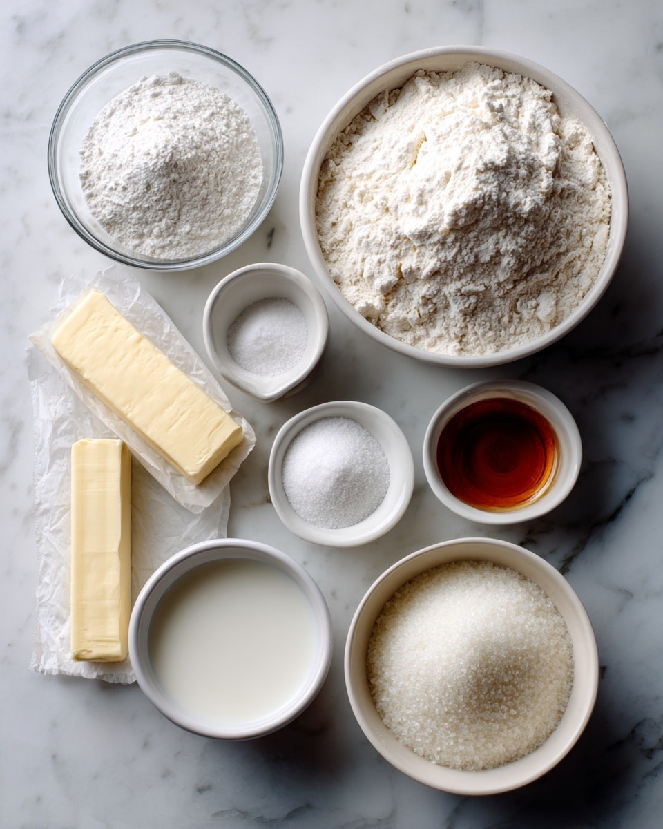 The image shows nine clear white bowls and a stick of butter placed on a white marbled surface. The largest bowl on the upper right is filled with white, powdery gluten-free flour. Next to it, a large bowl of granulated sugar is positioned at the bottom right. A medium bowl on the upper left contains fine white confectioners' sugar. Below it is a medium bowl filled with white milk, and beside the milk bowl is a slightly smaller bowl holding clear liquid cornstarch water. In the middle, two small bowls contain white baking powder and kosher salt, and the smallest bowl holds dark amber vanilla extract. A stick of butter wrapped in white paper lies horizontally next to the bowls of flour and sugar. The photo is taken with an iphone --ar 4:5 --v 7