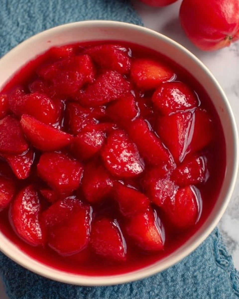 A clear glass jar with a silver metal lid is filled with bright red apple slices submerged in red liquid. The lid has handwriting that says