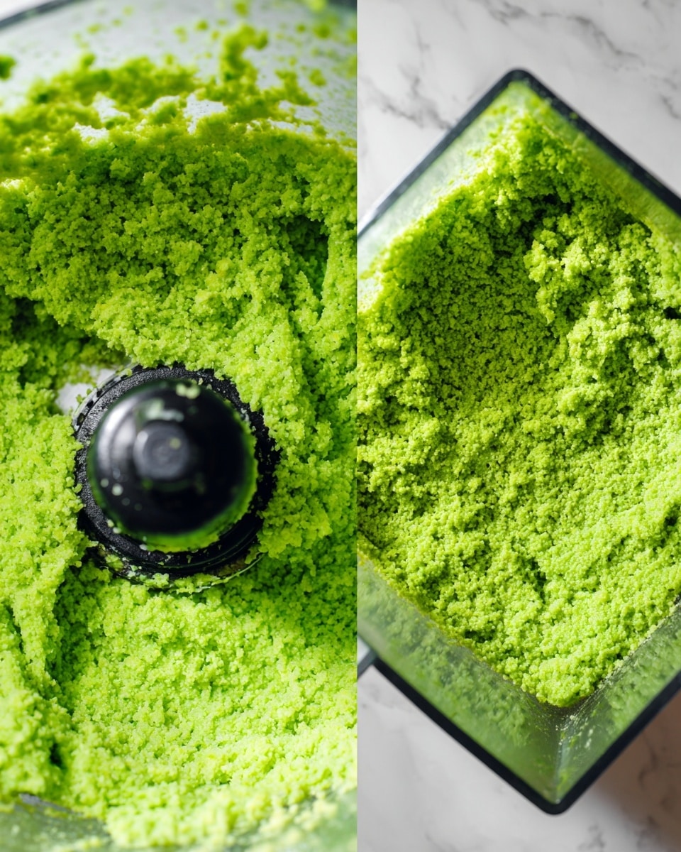 The image shows two close-up views side by side of a bright green mixture with a coarse, crumbly texture. On the left side, the mixture is inside a clear food processor bowl, pushed against the sides with some bits stuck near the black central blade. On the right side, the mixture is evenly spread out inside a clear glass square container, showing its thick, grainy consistency and vibrant green color. The background is a white marbled texture. photo taken with an iphone --ar 4:5 --v 7