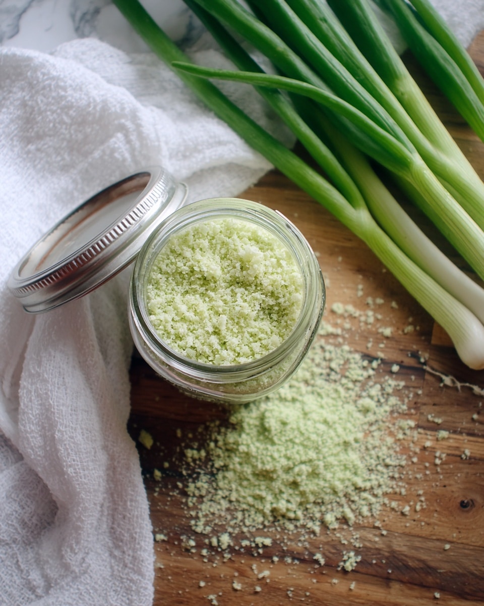 A small glass jar filled with light green crumbly powder sits on a wooden surface next to a bunch of fresh green onions with white bulbs resting on a white cloth. Some of the green powder is spilled beside the jar, creating a scattered texture against the wooden background. The image has a top-down view showing the jar’s silver lid slightly tilted open, revealing the powder inside. The background is replaced with a white marbled texture. photo taken with an iphone --ar 4:5 --v 7