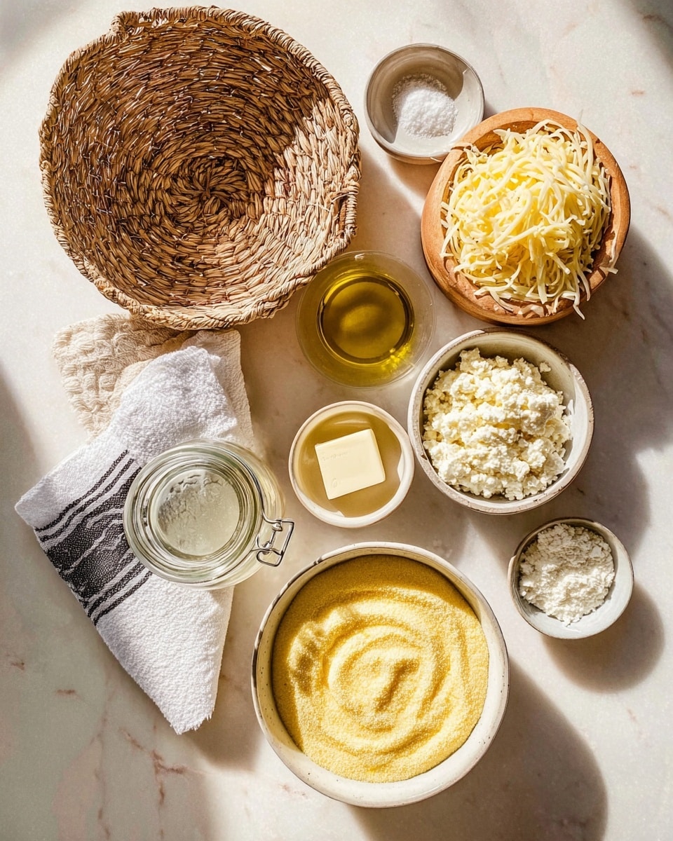 This image shows a top view of various ingredients arranged on a white marbled surface. Starting from the bottom left, there is a woven basket with a white towel that has black stripes inside. Next to it is a small white bowl with a small amount of yellow olive oil. Above that is a small white bowl with a square piece of butter. To the right, there is a medium white bowl filled with crumbly white cheese. Above that, a small white bowl holds a little bit of salt. In the center, a large white bowl contains yellow cornmeal with a smooth spiral pattern on top. Above the large bowl, a wooden bowl with a handle holds shredded yellow cheese. At the top left, there is a clear glass jar with a metal clasp lid. The lighting is bright and natural, casting soft shadows on the white marbled surface. Photo taken with an iphone --ar 4:5 --v 7