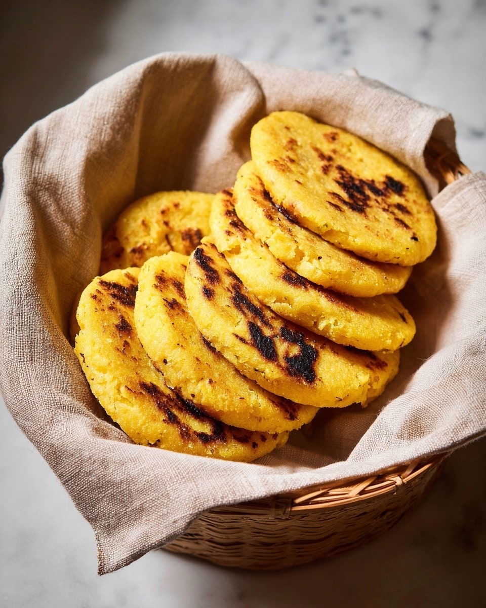 A stack of three golden fried arepas sits on a light wooden board with visible grain patterns, placed on a white marbled surface. The arepas have a crispy, slightly browned outer layer with a rough texture, and the top arepa is broken open, revealing melted white cheese stretching in strings from the inside. The stack is positioned in the center of the frame with soft natural light highlighting the warm tones and textures of the food. Photo taken with an iphone --ar 4:5 --v 7