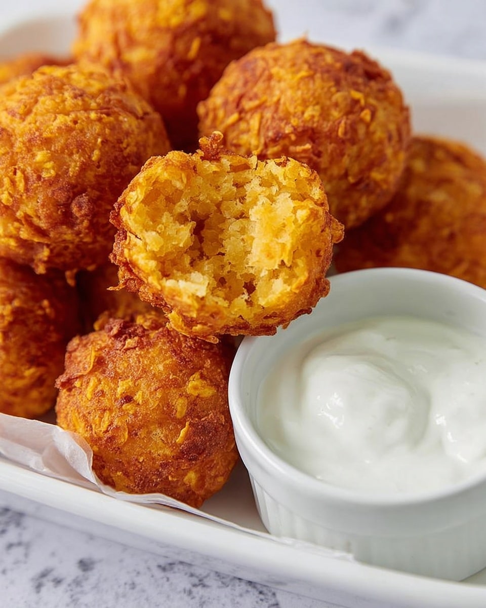 The image shows a white tray with several golden brown, crispy fried balls stacked close together, each with a rough, crunchy texture. One of the fried balls is broken open, showing its soft, textured inside with small pieces. To the right of the fried balls, there is a small white bowl filled with smooth white sauce. The tray is placed on a surface with a white marbled texture. Photo taken with an iphone --ar 4:5 --v 7