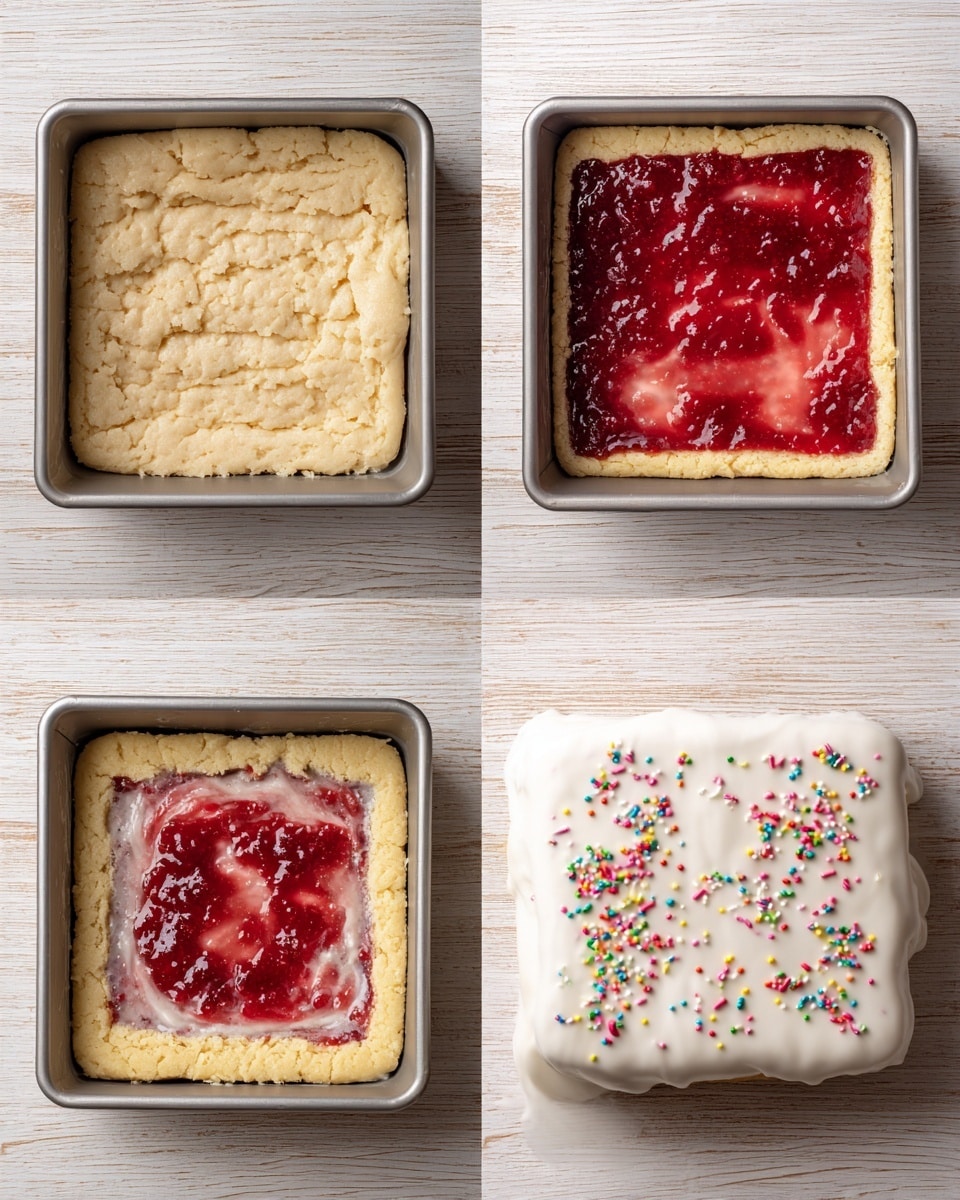The images show the step-by-step making of a layered dessert in a square metal pan. First, a thick, pale yellow dough layer is pressed evenly into the pan with a rough, textured surface. Next, a bright red jam layer with a shiny, slightly chunky texture is spread over the dough, mostly in the center. Then, another pale yellow dough layer is placed on top, smooth and pressed flat, covering the jam completely. Finally, the finished dessert is shown on a light wooden surface, topped with a smooth white icing that drips slightly on the edges and is decorated with small, colorful sprinkles scattered all over the top. photo taken with an iphone --ar 4:5 --v 7