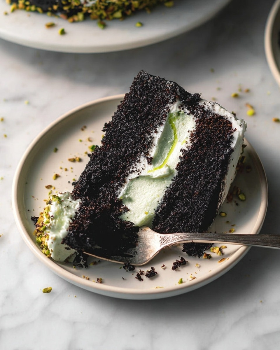 The image shows a slice of dark black cake on a white plate with two layers of thick white cream inside; the cream has a light green swirl through the middle. The cake is moist and crumbly, with some crumbs on the plate. A silver fork holds a piece of cake with cream, lying on the plate. Around the cake slice, there are small bits of crushed pistachios adding a touch of green and brown. The background is a white marbled surface with soft light highlighting the textures. Photo taken with an iphone --ar 4:5 --v 7