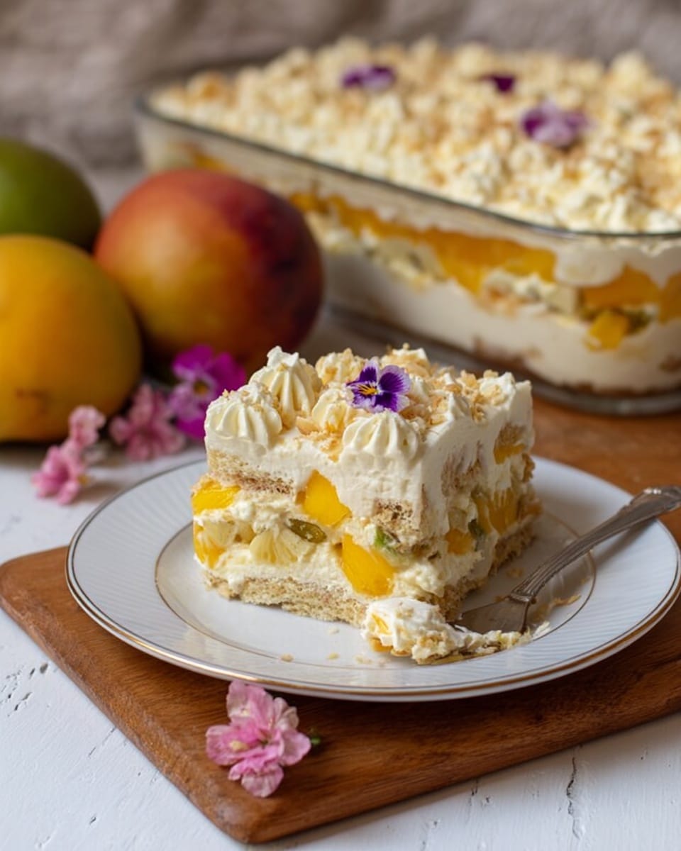 A square glass dish filled with a layered dessert. The bottom layer is light-colored cake, topped with a creamy white layer mixed with bright yellow mango chunks. This is followed by another light cake layer and a thicker creamy topping. The top surface is decorated with small swirls of white cream, scattered pieces of yellow mango, and a sprinkle of crushed pistachio nuts. The dish is placed on a wooden board with a white marbled surface underneath, alongside two whole mangoes in the background. Photo taken with an iphone --ar 4:5 --v 7