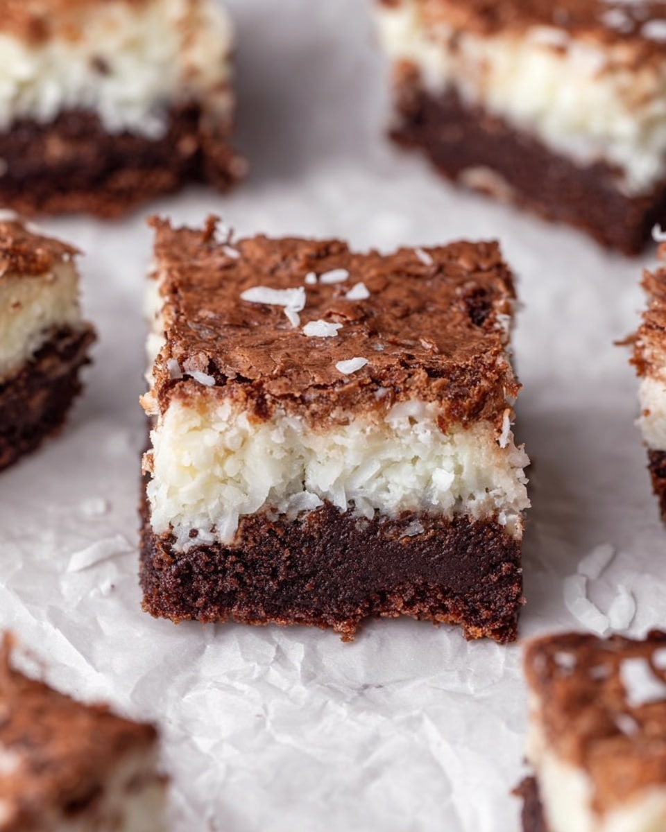 The image shows a square dessert bar with three clear layers. The top and bottom layers are dark brown, crumbly, and chocolatey with a cracked texture. The middle layer is white and creamy with visible shredded coconut pieces, creating a soft and fluffy look. The bar is placed on white parchment paper, set on a white marbled surface. There are other similar bars slightly blurred around it, focusing on the middle one in sharp detail. Photo taken with an iphone --ar 4:5 --v 7