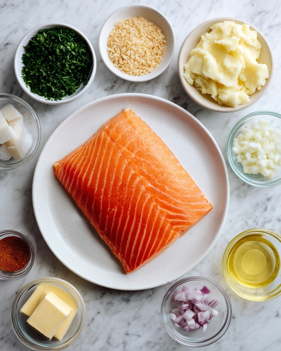 A white round plate holds a large piece of bright orange salmon with smooth texture and natural lines from the fish's muscle, placed near the top right of the image. Around the plate on a white marbled surface are several small white bowls and clear glass bowls, each holding different ingredients: a bowl with finely chopped green parsley at the top left, a bowl filled with light brown breadcrumbs just below it, a bowl with small chopped pale purple shallots to the right, and a bowl with a small square of pale yellow butter next to it. Below these, there is a bowl with creamy mashed potatoes in the center, a smaller bowl with diced white garlic to the right, and a clear bowl containing light yellow oil at the bottom right. There are also tiny bowls holding reddish Old Bay seasoning and a small amount of yellow dijon mustard near the bottom left, all arranged neatly on the white marbled surface. photo taken with an iphone --ar 4:5 --v 7