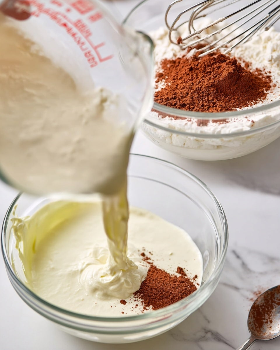 Two clear glass mixing bowls sit on a white marbled surface; the left bowl shows thick white cream with a stream of light cream pouring into it from a glass measuring cup, creating a softly swirling texture in the cream. The right bowl contains smooth white cream topped with a pile of cocoa powder in the center. Above this bowl, a metal whisk is partly visible with cream stuck to it, and a silver spoon with traces of cocoa powder rests nearby on the surface. Photo taken with an iphone --ar 4:5 --v 7