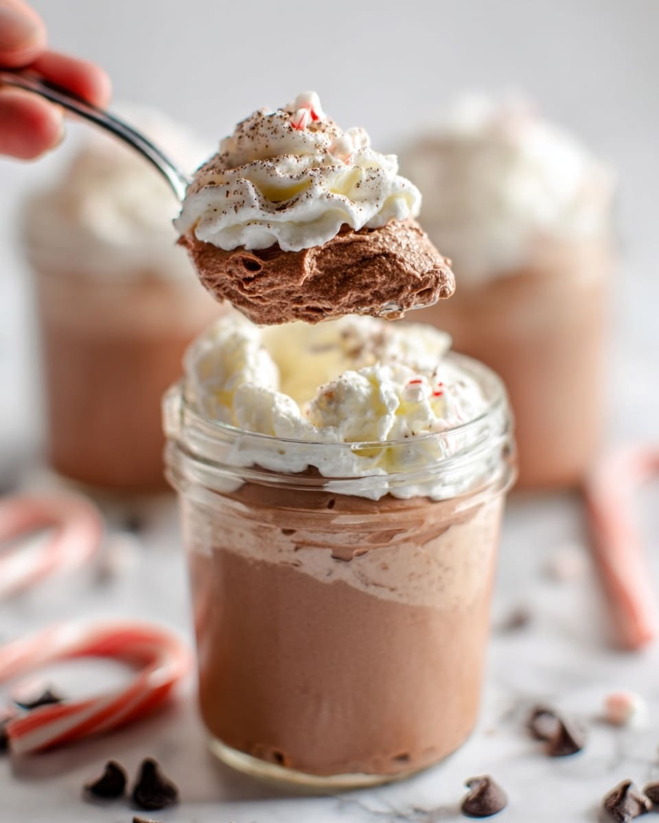 A clear glass jar filled with three main layers is shown. The bottom two layers are thick chocolate mousse in a soft brown color, creamy and smooth in texture, filling most of the jar. On top of the mousse is a detailed layer of white whipped cream with soft swirls and small peaks. The whipped cream is slightly dusted with a faint cocoa powder dust. A woman's hand holds a silver spoon lifting a scoop showing the mousse on the bottom half and whipped cream on top, both with a light and airy texture. The background shows another blurred jar of the same dessert and some scattered small chocolate chips and candy canes on a white marbled texture. Photo taken with an iphone --ar 4:5 --v 7