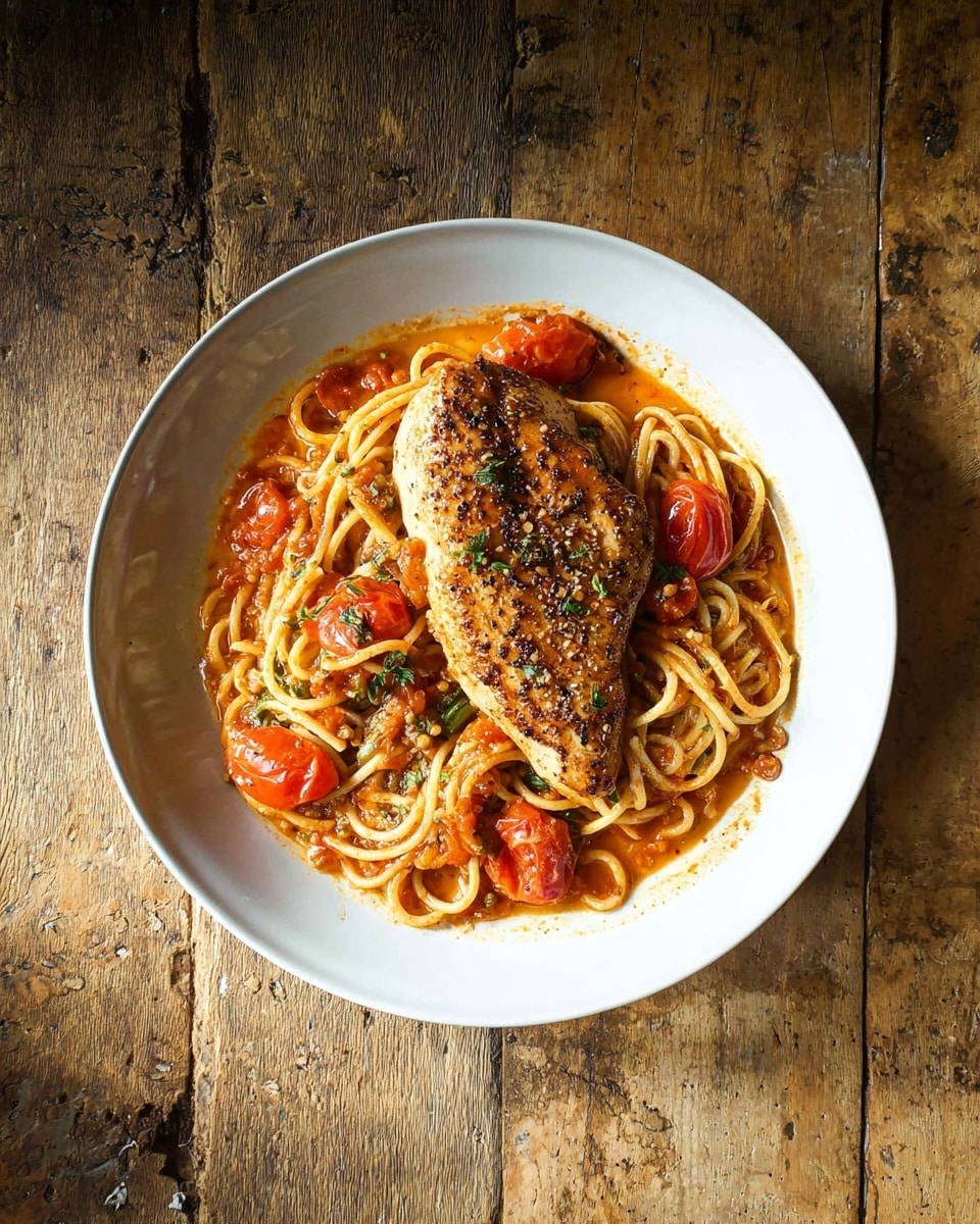 A white round plate holds a dish with three clear layers: on the bottom is a tomato sauce with seeds and bits of herbs, thick and bright red-orange in color; the middle layer consists of thick spaghetti noodles, a pale yellow, loosely mixed with the sauce; on top sits a large, brown, grilled chicken piece with a slightly charred texture, sprinkled with black pepper and herbs. Scattered among the noodles and sauce are whole bright red cherry tomatoes, some glistening with sauce. The plate is set on a rustic wooden surface, worn with natural grain and rough texture. photo taken with an iphone --ar 4:5 --v 7