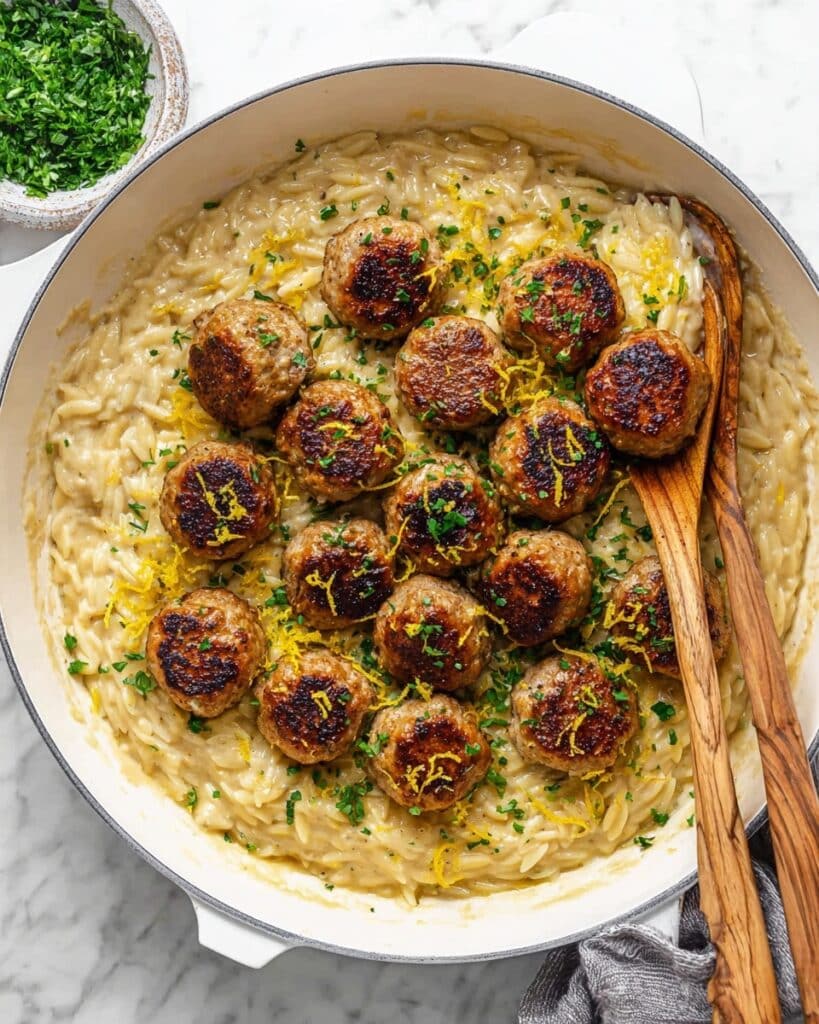 Sage Chicken Meatballs with Lemon Leek Orzo Recipe