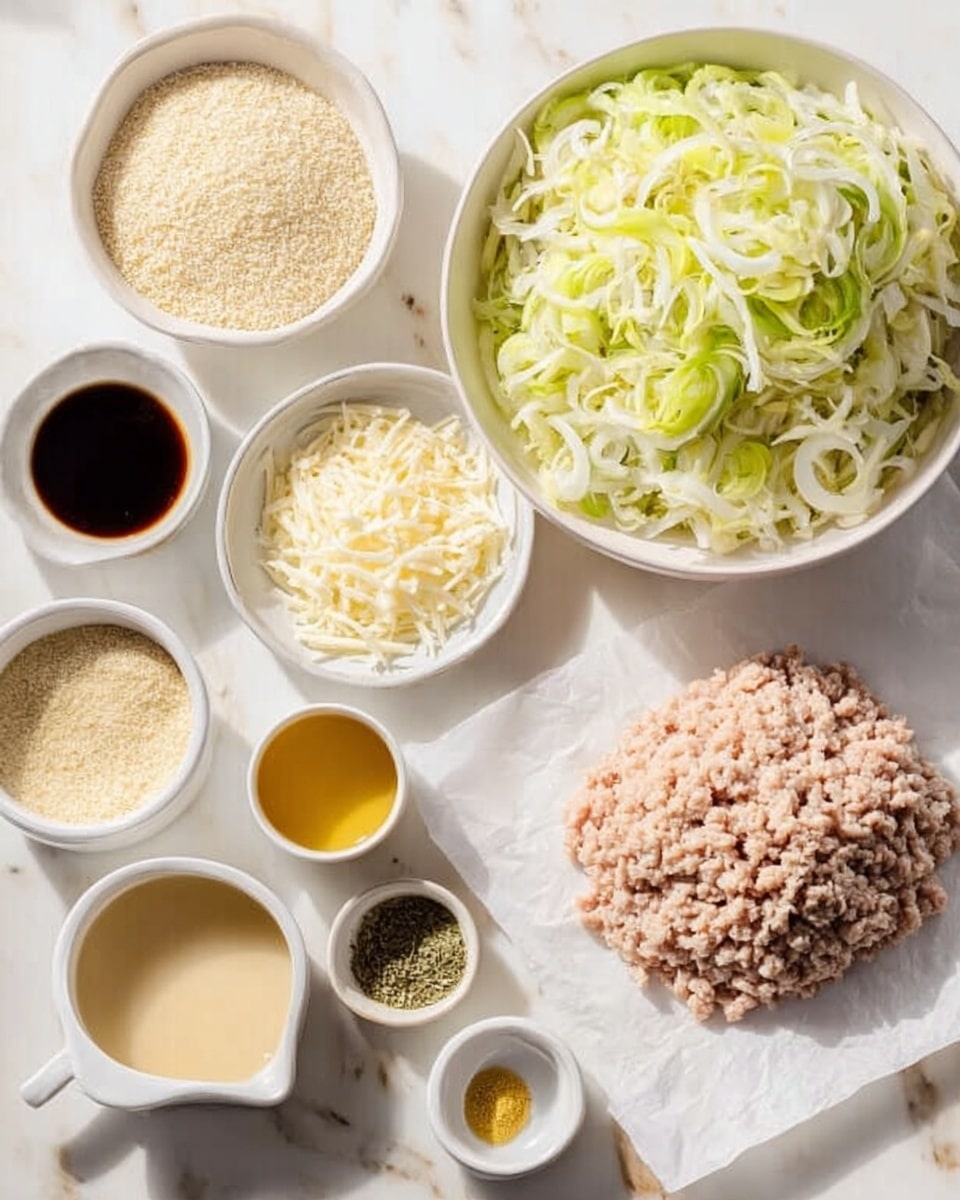 The image shows a top view of ingredients placed neatly on a white marbled surface. There is a large mound of light beige ground meat on white parchment paper at the bottom right. In the center, a white bowl contains shredded pale green and white vegetables, possibly leeks or onions. Surrounding these main items are smaller white bowls holding various ingredients: finely shredded white cheese, light yellow grated substance, beige breadcrumbs, a small cup of light brown liquid, and other small containers with dark soy sauce, mustard, light cream, herbs, and some yellow seasoning. The scene is clean and organized, with a soft natural light highlighting the textures and colors. Photo taken with an iphone --ar 4:5 --v 7