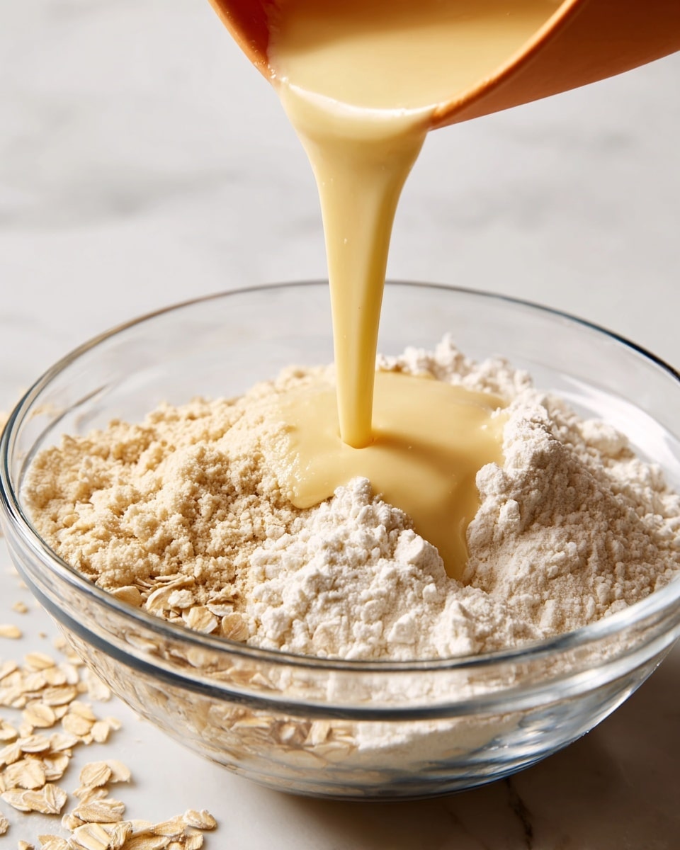 A close-up image shows a metal bowl pouring a smooth, pale yellow liquid batter into a clear glass bowl containing dry ingredients, including light tan rolled oats on the left and white flour on the right. The light batter flows in a thick, soft stream, blending with the dry ingredients. In the background, an orange spatula handle is visible inside the glass bowl. The scene is set on a white marbled textured surface. Photo taken with an iphone --ar 4:5 --v 7
