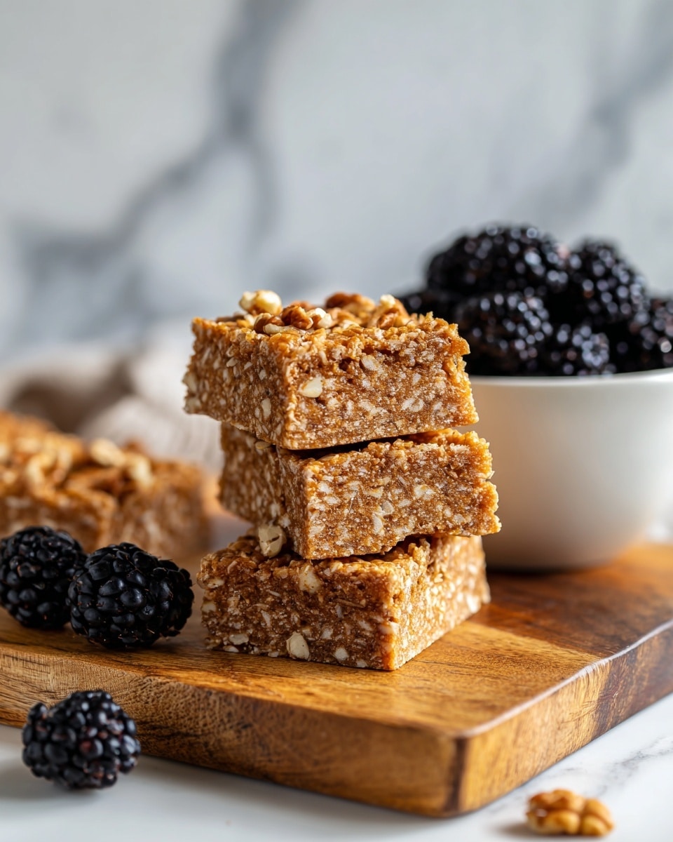The image shows three square bars stacked partly on top of each other on a wooden board. Each bar has a crumbly, golden-brown texture with small nut pieces visible inside. The top bar is sprinkled with small walnut pieces over its surface. In the background, there is a white bowl filled with dark, glossy blackberries and the scene is set on a white marbled surface. The focus is sharp on the bars, highlighting their grainy texture and the nut pieces photo taken with an iphone --ar 4:5 --v 7