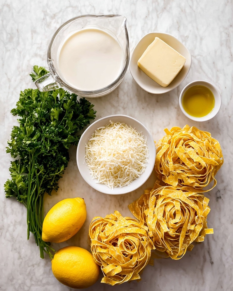 The image shows a collection of cooking ingredients arranged neatly on a white marbled surface. At the bottom right, there are three nests of yellow pasta with a textured look, positioned side by side. To the left, a clear glass measuring cup is filled with a creamy white liquid. Above the pasta, there are three small white bowls: one filled with shredded white cheese, another with grated cheese, and the third with a square of butter. A small bowl of golden olive oil sits next to these. On the top left, two bright yellow lemons and a bunch of fresh green parsley add color and freshness to the scene. Photo taken with an iphone --ar 4:5 --v 7