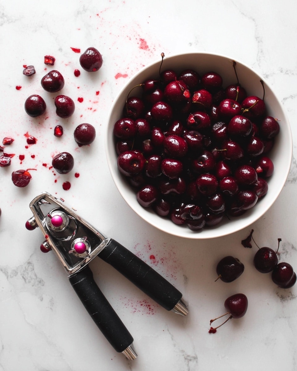 A white bowl filled with many dark red cherries sits on a white marbled surface. Next to the bowl, there is a black cherry pitter with silver and pink parts, surrounded by some scattered whole cherries and cherry seeds. Red juice stains are seen on the white marbled surface near the cherries and the tool. The scene is bright and clean. photo taken with an iphone --ar 4:5 --v 7