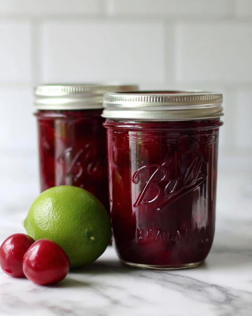 Two clear glass jars filled with deep red cherry jam sit on a white marbled surface. The jars have silver metal lids and the word