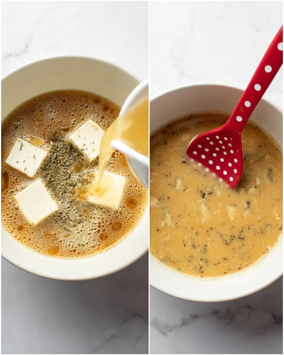 The image shows two white bowls on a white marbled surface. The left bowl contains a bubbly light brown mixture with three white cubes of butter melting on top, along with some green dried herbs, and a pale yellow liquid being poured into it. The right bowl shows the same mixture stirred into a smooth, creamy, light brown sauce with visible specks of herbs, and a red spatula with white dots resting inside it. Photo taken with an iphone --ar 4:5 --v 7