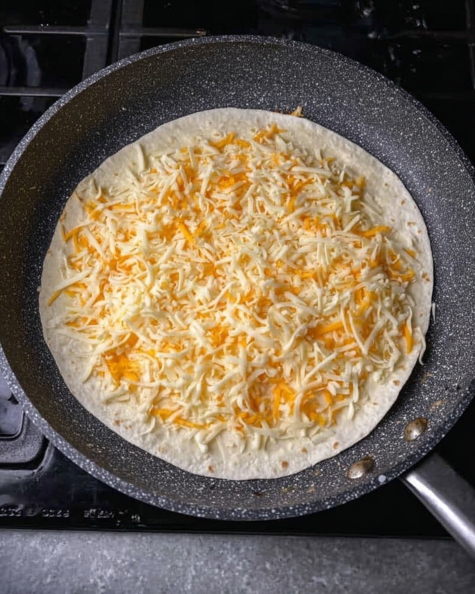 A round white tortilla lies flat in a dark gray frying pan with a speckled texture, resting on a stove. The tortilla is covered with an even layer of shredded cheese, mixing white and orange strands scattered all over its surface. The edges of the tortilla remain visible around the cheese. The background shows parts of the stove and a gray countertop, while the pan handle extends out to the right. Photo taken with an iphone --ar 4:5 --v 7