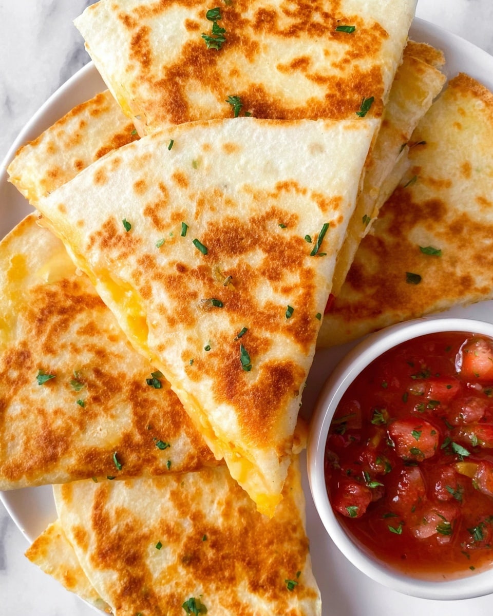 The image shows several triangle-shaped quesadilla slices with a golden brown crispy outside and soft white inside, garnished with small bits of green herbs scattered on top. The slices are stacked and overlapping on a white plate, with one slice centered on top. To the right, there is a small white bowl filled with chunky red salsa with visible pieces of tomato and green herbs. The background surface is white marble. photo taken with an iphone --ar 4:5 --v 7