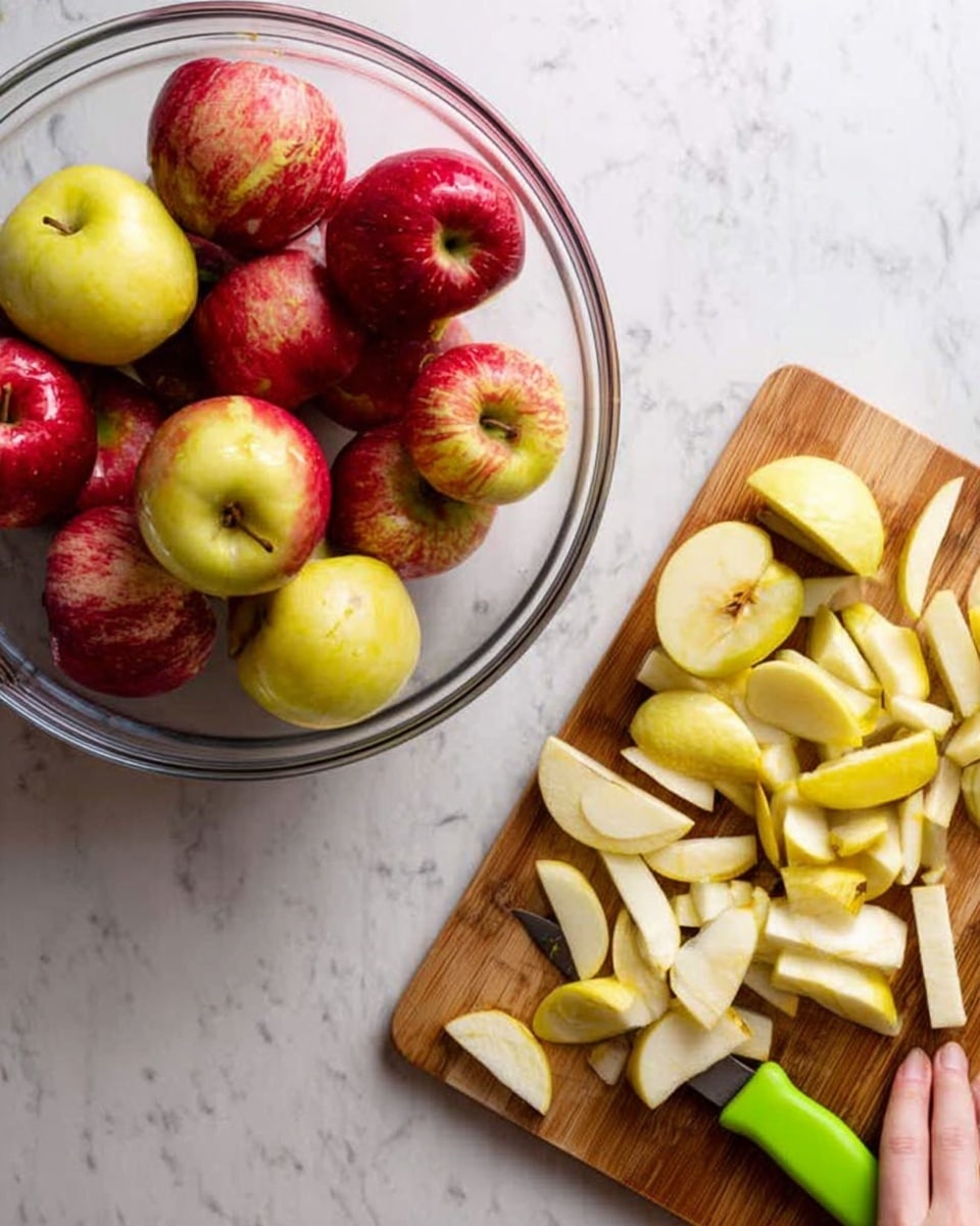 The image shows a clear glass bowl filled with a mix of red and yellow apples, each apple smooth and shiny with slight light reflections. Beside the bowl, on a white marbled surface, is a wooden cutting board holding several apples in different stages of being peeled and sliced; yellow and red apple pieces with smooth pale flesh and shiny skin are scattered, along with strips of apple peel and a green peeler lying flat. A woman's hand is gently placed near the peeled apple pieces. photo taken with an iphone --ar 4:5 --v 7