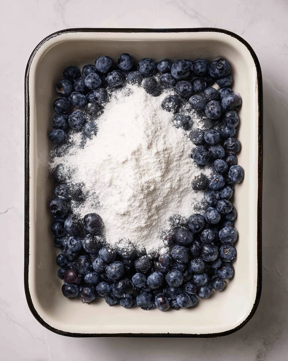 A white square baking dish with a black rim holds two layers: a bottom layer of fresh, dark blue blueberries spread evenly across the base, and a thick top layer of white flour and granulated sugar piled mostly in the center, partially covering the blueberries near the edges. The dish is placed on a white marbled surface photo taken with an iphone --ar 4:5 --v 7