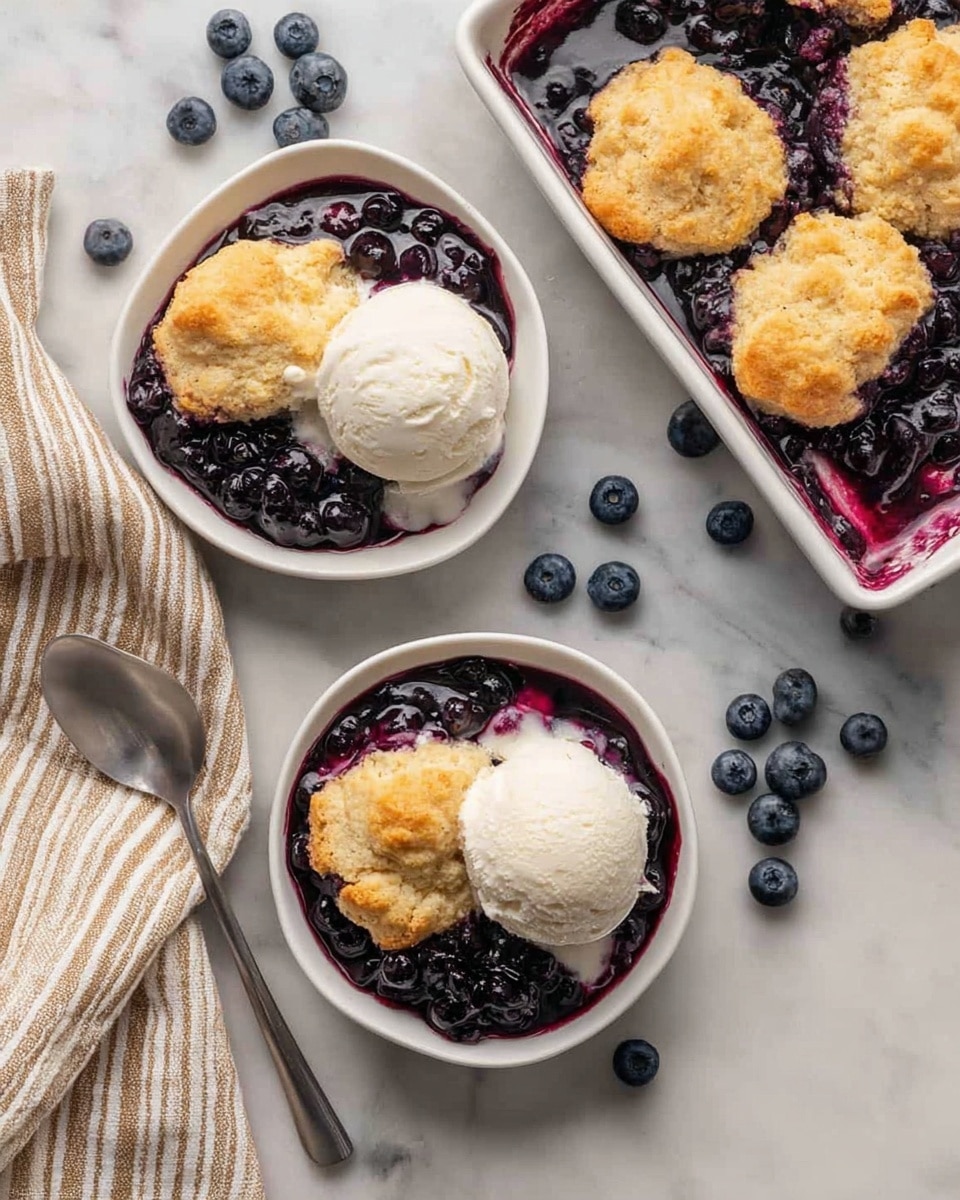 Two round white bowls each have three layers: the bottom layer is a shiny dark purple blueberry sauce with whole blueberries, the middle layer is a golden brown biscuit with a soft, crumbly texture, and the top layer is a scoop of smooth white vanilla ice cream on the side of the biscuit. Next to the bowls, there is a white rectangular dish full of the same blueberry sauce and topped with four golden brown biscuits. Around the bowls and dish, fresh blueberries are scattered on a white marbled surface, with a beige and white striped cloth partially visible on the left side. A woman's hand is not visible but implied by the arrangement. Photo taken with an iphone --ar 4:5 --v 7
