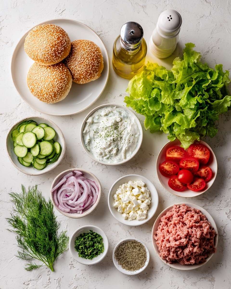 This image shows two open chicken patties on a brown tray placed on a white marbled surface. One sandwich is fully stacked with a sesame seed white bun on top, below it are slices of cucumber, red onion, tomato, white sauce, and green leafy lettuce, sitting on a browned chicken patty. Next to it is another chicken patty on green leafy lettuce, ready to be assembled, with crumbled white cheese and cucumber slices scattered around. The other open sandwich shows the bottom half of a sesame seed white bun spread with white sauce topped with a cucumber slice and tomato on green leafy lettuce. The colors are warm and natural with a focus on fresh vegetables and a textured, slightly charred chicken patty. photo taken with an iphone --ar 4:5 --v 7