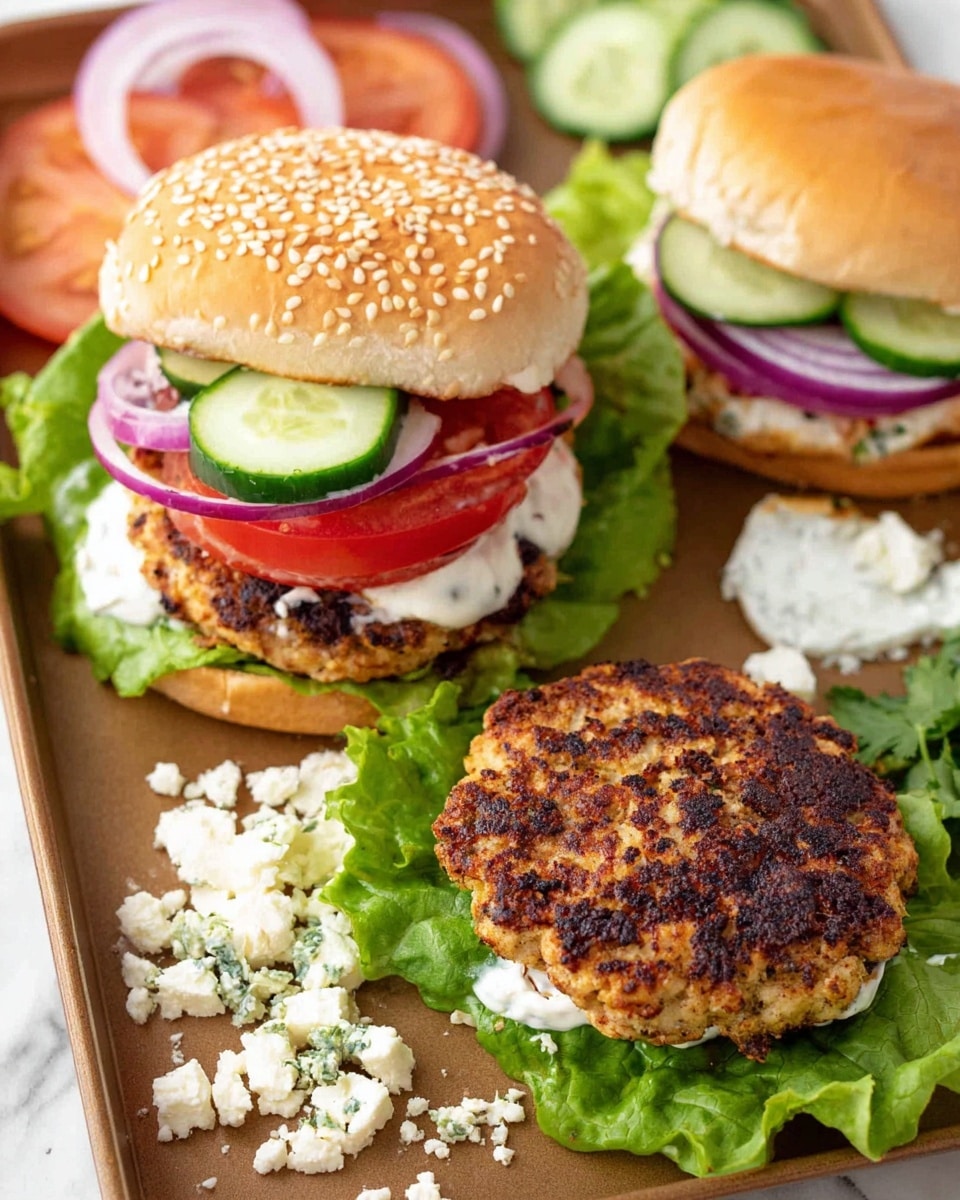 The image shows a white marbled surface with various small white bowls arranged neatly containing ingredients for a meal. Starting from the top left, there are two sesame seed burger buns on a white plate. Next to it, a bottle of olive oil and a pepper grinder are standing vertically. To the right, fresh green lettuce leaves with sliced red tomatoes and cucumber pieces lay on the surface. Below, a white bowl contains white tzatziki sauce with visible herb flecks. Surrounding the bowl, there are small white bowls with chopped parsley, red onions, crumbled white feta cheese, and minced garlic. There is also a bowl with dried oregano and another with fresh green dill. On the far right side, a portion of raw ground turkey is neatly placed directly on the white marbled surface. The scene is bright and clean with vibrant natural colors. photo taken with an iphone --ar 4:5 --v 7