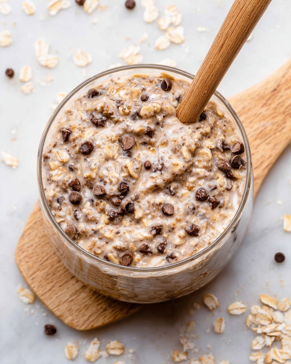 A clear glass filled with a thick mixture of oats and small round chocolate pieces, showing many light beige oat flakes and scattered dark brown chocolate chips mixed evenly throughout. A wooden spoon is placed inside the glass on the right side with its handle pointing out. The glass sits on a white marbled surface with some dried oat flakes scattered around it. photo taken with an iphone --ar 4:5 --v 7