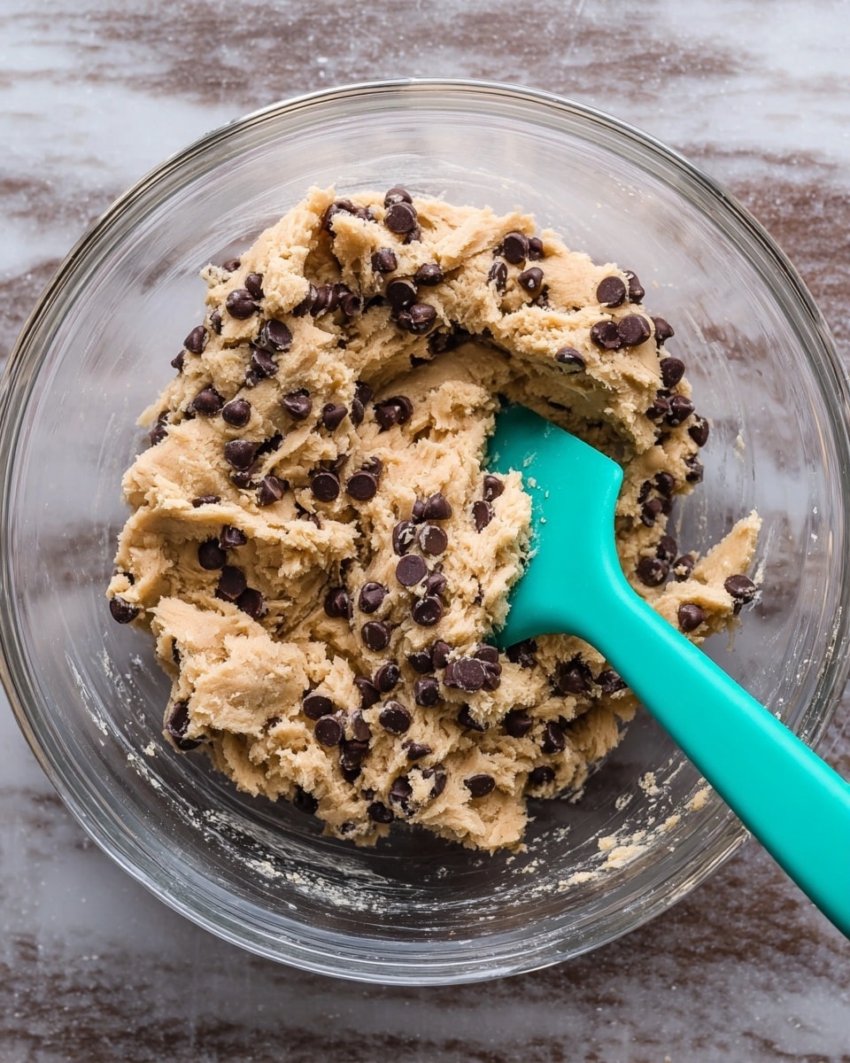 A clear glass bowl contains thick, beige cookie dough mixed with many small dark brown chocolate chips. The dough is slightly rough in texture and piled unevenly around the bowl. A bright teal silicone spatula is pressed inside the dough near the bottom right of the bowl. The bowl is set on a white marbled surface. photo taken with an iphone --ar 4:5 --v 7