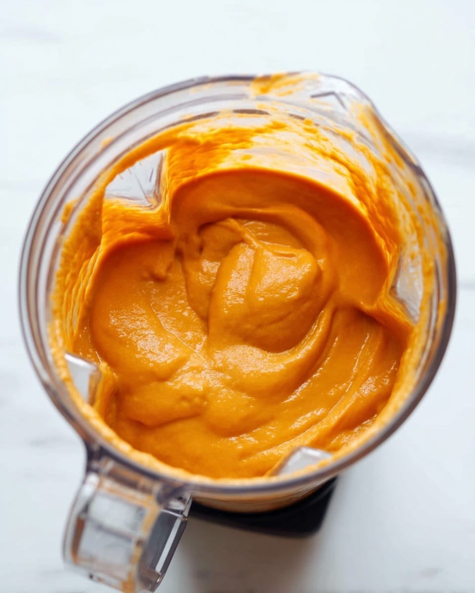 A clear blender container filled with thick, smooth orange puree that has a creamy texture. The puree fills most of the blender and the surface is slightly swirled with small peaks and folds. The background shows a white marbled surface. photo taken with an iphone --ar 4:5 --v 7