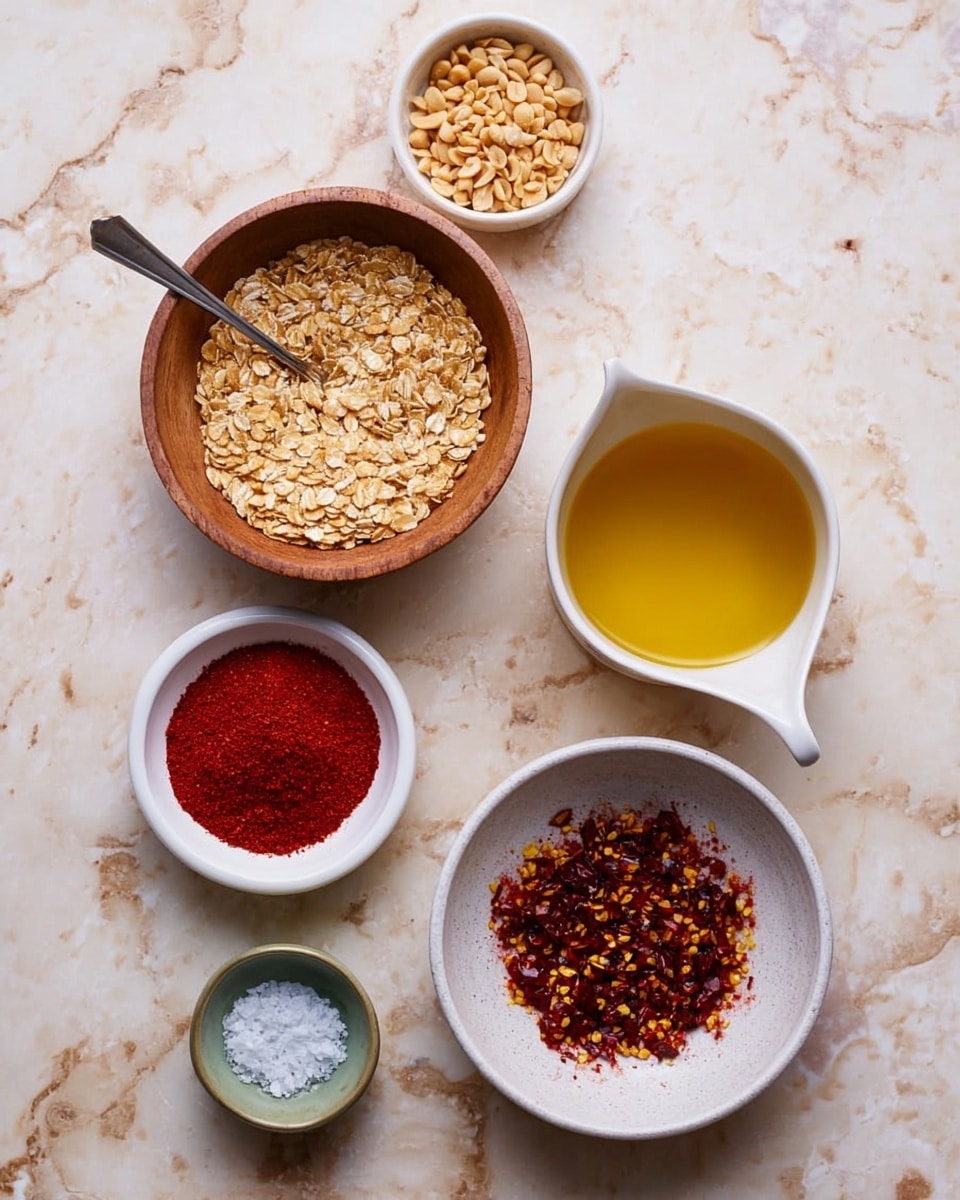 Seven small bowls are arranged on a white marbled surface, each containing a different ingredient. The top small white bowl holds crushed peanuts in a light beige color with a coarse texture. Below it, a larger wooden bowl is filled with golden brown toasted oats, with a silver spoon inside. To the right, a white bowl with a spout contains golden yellow oil with a smooth surface. Next to it, a small white bowl holds bright red finely ground spice. Below that, a larger white bowl holds dark red chili flakes with some yellow seeds, scattered in a loose pile. At the bottom, a tiny green bowl contains coarse white salt crystals. On the left, a small white bowl holds bright red paprika powder with a smooth texture. photo taken with an iphone --ar 4:5 --v 7