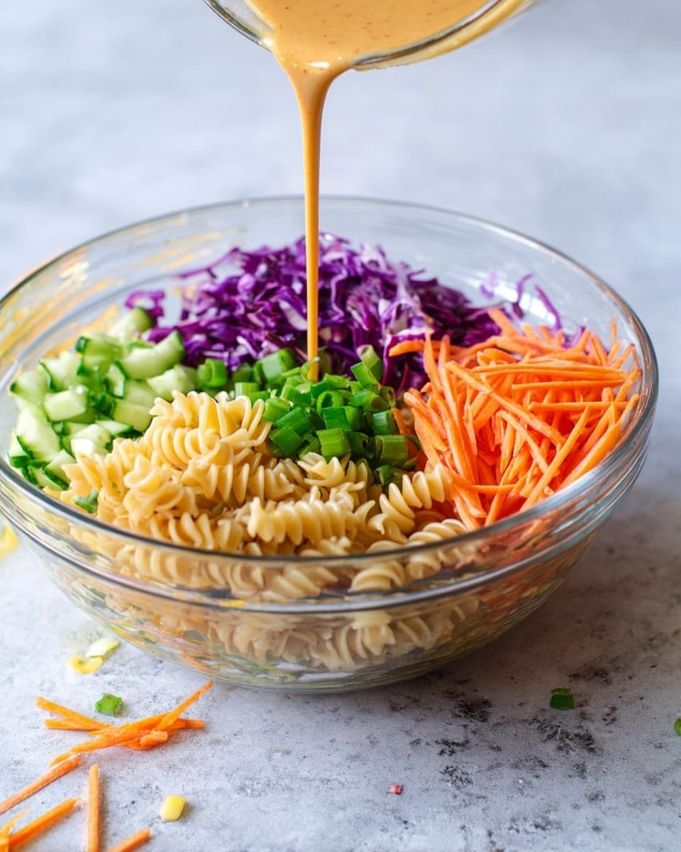 A clear glass bowl shows layers of food inside it, starting from the bottom with light tan spiral pasta, followed by bright purple shredded cabbage on the left, small pieces of green cucumber next to it, a pile of thin orange carrot strips on top center, and chopped green onions on the right. A creamy orange dressing is being poured into the bowl over the pasta and vegetables. The bowl sits on a white marbled surface with a few scattered carrot pieces nearby. photo taken with an iphone --ar 4:5 --v 7