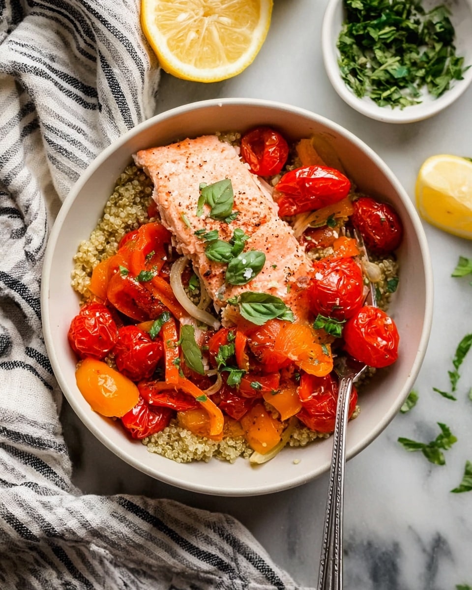 A white bowl filled with a base layer of green, grainy textured quinoa, topped with a large piece of light pink cooked salmon in the center. Surrounding the salmon are bright red roasted cherry tomatoes and orange bell pepper slices, all mixed with some lightly cooked onion rings. There are small green basil leaves scattered on top and around the salmon. A silver fork rests inside the bowl on the right side. The bowl sits on a white marbled surface with a striped cloth nearby, a half lemon close by, and a white bowl of chopped green herbs at the top right corner. Photo taken with an iphone --ar 4:5 --v 7