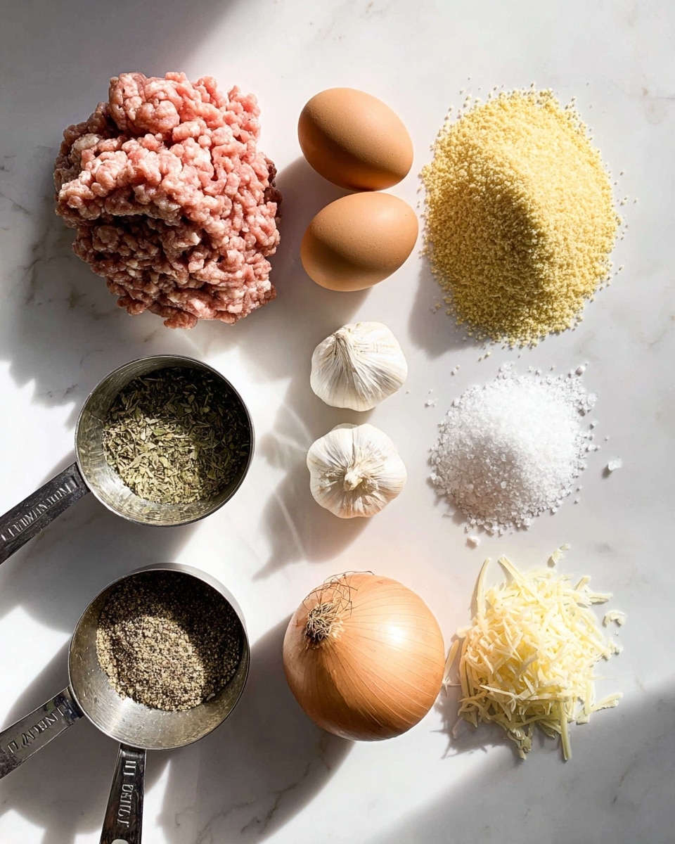 The image shows nine ingredients neatly arranged on a white marbled surface. Starting from the top left, there is a pile of raw ground meat with a pinkish color and rough texture. Next to it on the right is a small mound of golden-yellow breadcrumbs with a grainy texture. Further right, there are two brown eggs stacked one on top of the other. Below the ground meat, there are two whole garlic bulbs and one garlic clove with papery white skin. In the center below the breadcrumbs, there is a small pile of coarse white salt crystals. To the right of the salt, there is a medium-sized onion with a smooth, light brown, and slightly shiny outer skin. Below the garlic, there are two metal measuring cups side by side; the left cup contains dried greenish herbs, and the right cup contains coarse black pepper. Finally, to the right of the pepper cup, there is a small pile of finely shredded pale yellow cheese. The lighting is natural and bright, casting soft shadows. photo taken with an iphone --ar 4:5 --v 7