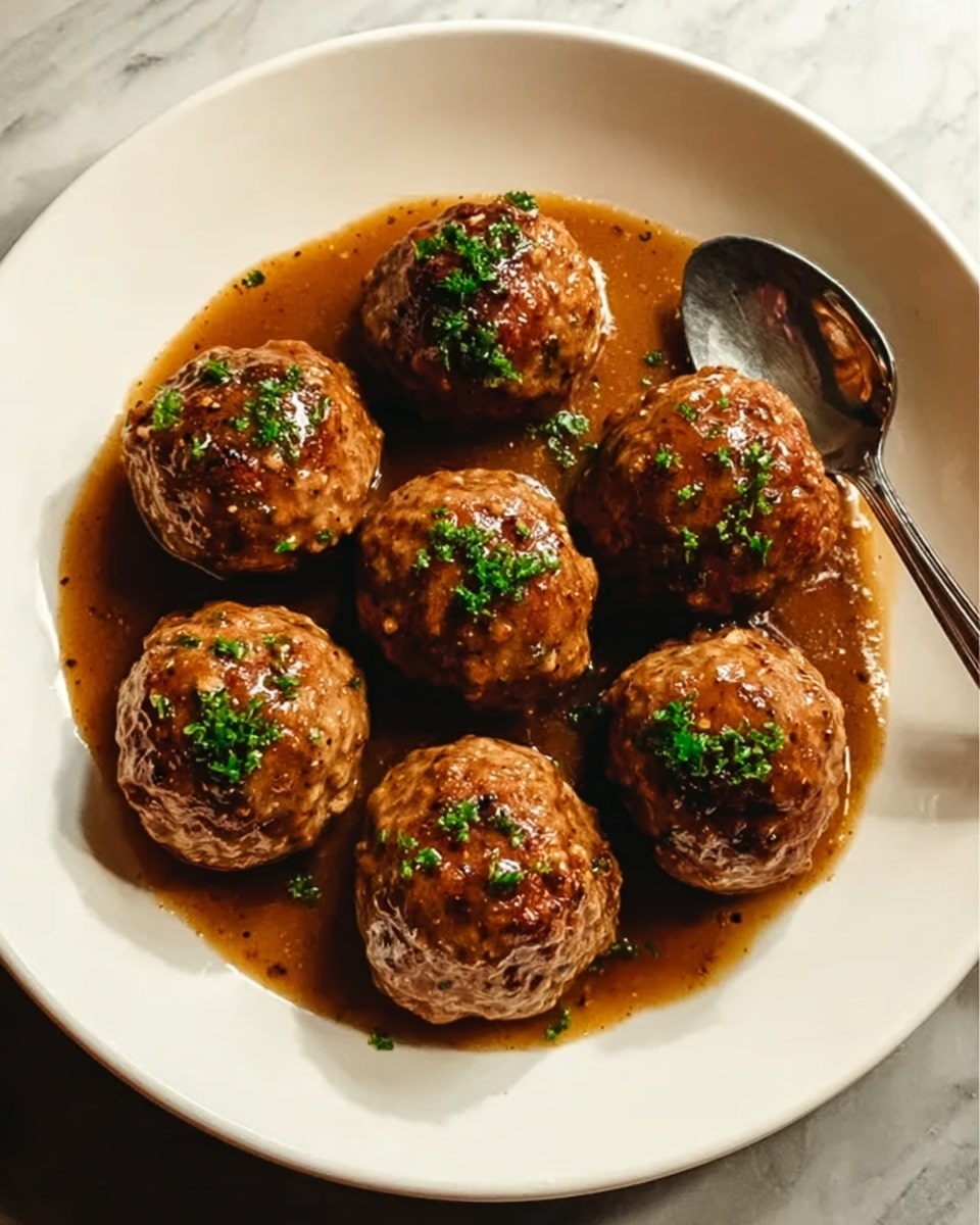 The image shows seven round meatballs arranged in a circle on a large white plate. Each meatball has a browned, slightly textured surface and is covered with a shiny brown sauce that pools around the base of the meatballs. Small green herb pieces are sprinkled over the top of each meatball, adding a pop of color. The plate sits on a white marbled surface, and a spoon is placed next to the meatballs on the right side. The lighting highlights the glossy sauce and the texture of the meatballs, making them look fresh and appetizing. photo taken with an iphone --ar 4:5 --v 7