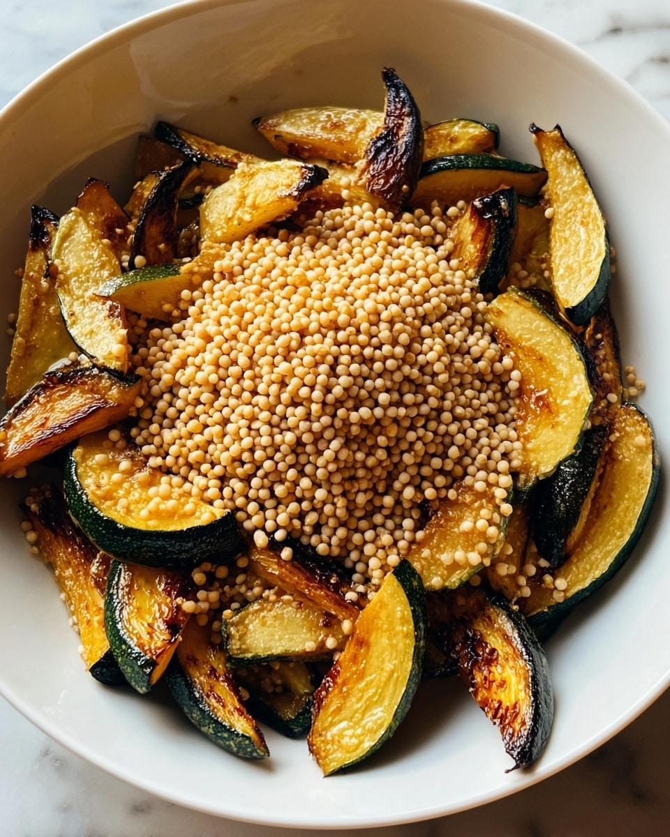 A white bowl holds a layered dish starting with a base of small, light beige grains or beans spread evenly, topped with roasted vegetable slices including orange and yellow pieces with charred black edges, and red pepper wedges. Dark green leaves are scattered among the vegetables, and the whole dish is crowned with two bright green basil leaves placed in the center. The bowl is set on a white marbled surface. photo taken with an iphone --ar 4:5 --v 7