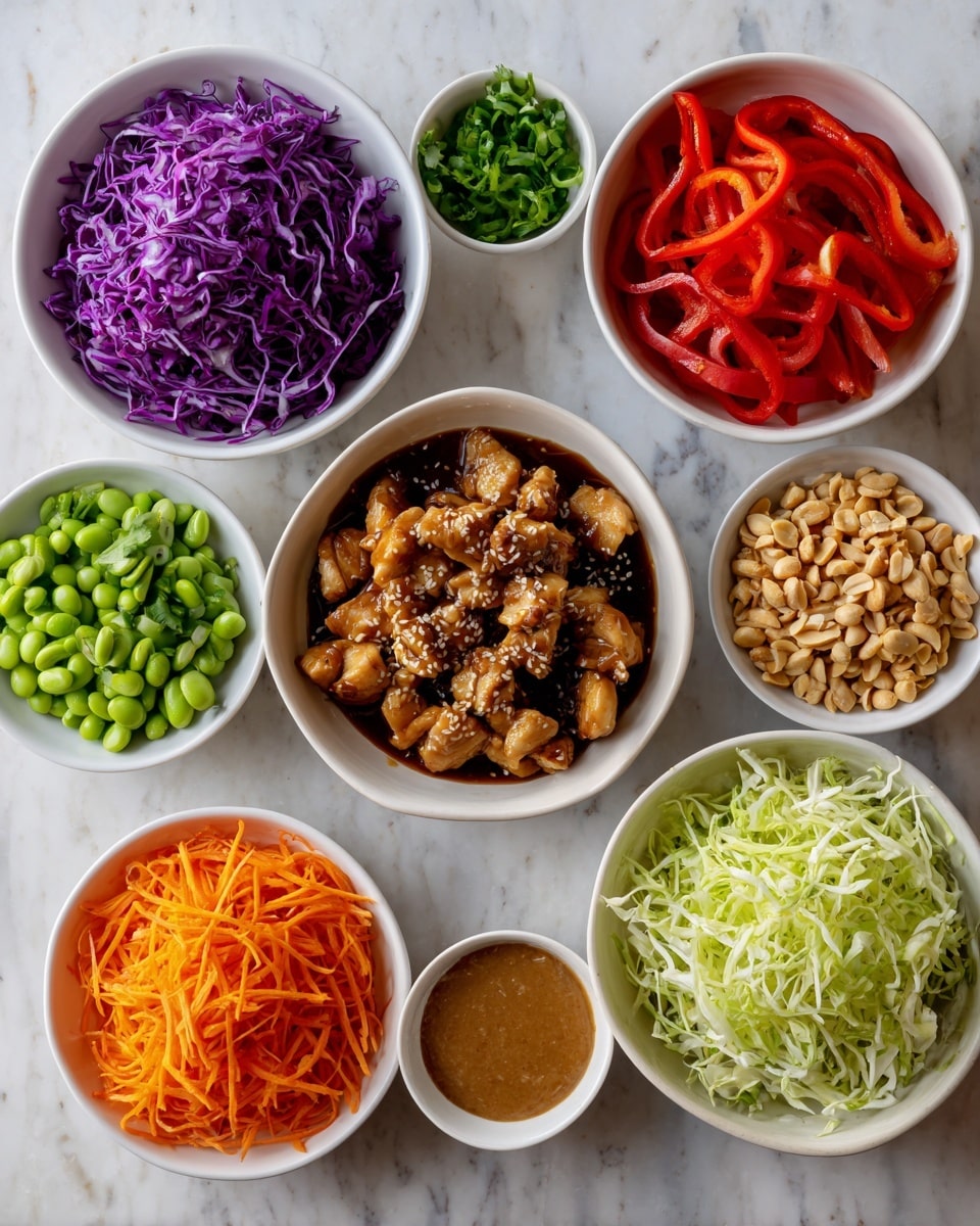 The image shows nine white bowls arranged on a white marbled surface. At the top left, there is a bowl filled with finely shredded purple cabbage in vibrant deep purple shades. To the right, a bowl contains thin slices of bright red bell pepper. Below the cabbage, a bowl holds bite-size pieces of chicken in a dark brown sauce with sesame seeds visible on top. Next to the chicken, a small bowl with light green shelled edamame beans is placed. To the right of that, a bowl has light brown peanuts. Below the peanuts is a bowl of finely shredded orange carrots. In the center bottom, there is a small bowl with light brown peanut dressing sauce that is smooth in texture. To the left of that, a small bowl of chopped fresh green cilantro and another small bowl with sliced green onion are placed. On the bottom right, a large bowl contains finely shredded green cabbage in pale green and white colors. All elements are neatly arranged, creating a fresh and colorful presentation. Photo taken with an iphone --ar 4:5 --v 7