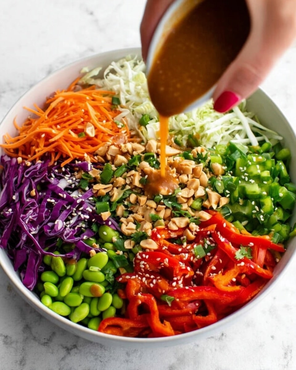A white bowl filled with eight different layers of fresh vegetables and toppings arranged in sections around the bowl: shredded purple cabbage, white shredded cabbage, chopped green onions, grated orange carrots, green edamame beans, bright red bell pepper strips sprinkled with light-colored sesame seeds, chopped green herbs, and scattered chopped peanuts. A woman's hand with red nail polish is pouring a brown sauce over the middle of the bowl. The background and surface are white marbled texture. Photo taken with an iphone --ar 4:5 --v 7