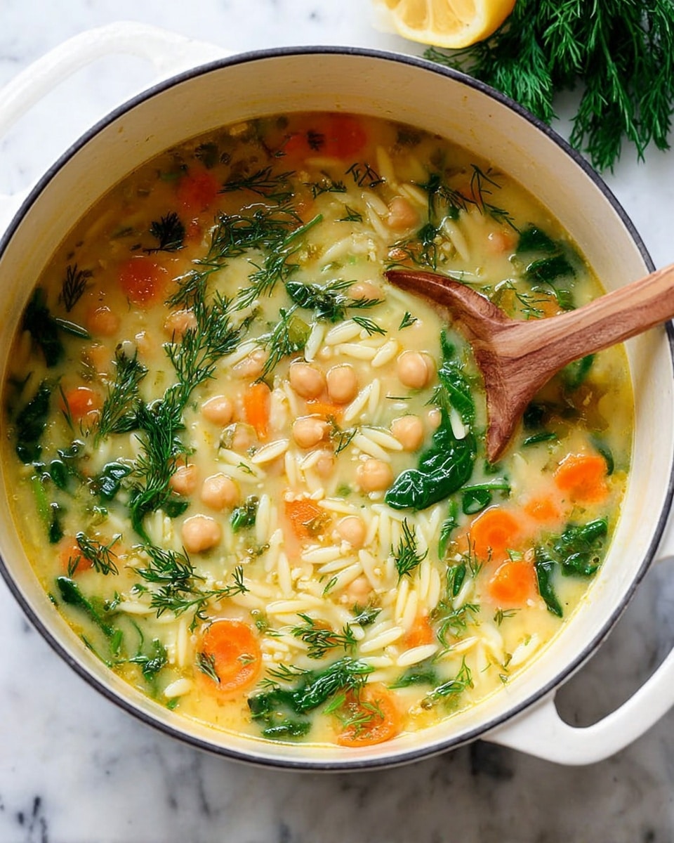 The image shows a white pot filled with a creamy soup made of light yellow broth, orange carrot slices, light beige chickpeas, white orzo pasta, and bright green spinach leaves, along with some green dill sprigs on top. A wooden spoon is stirring the soup inside the pot, which sits on a white marbled surface. Part of a lemon and some fresh dill sprigs are visible at the top edge of the image. photo taken with an iphone --ar 4:5 --v 7