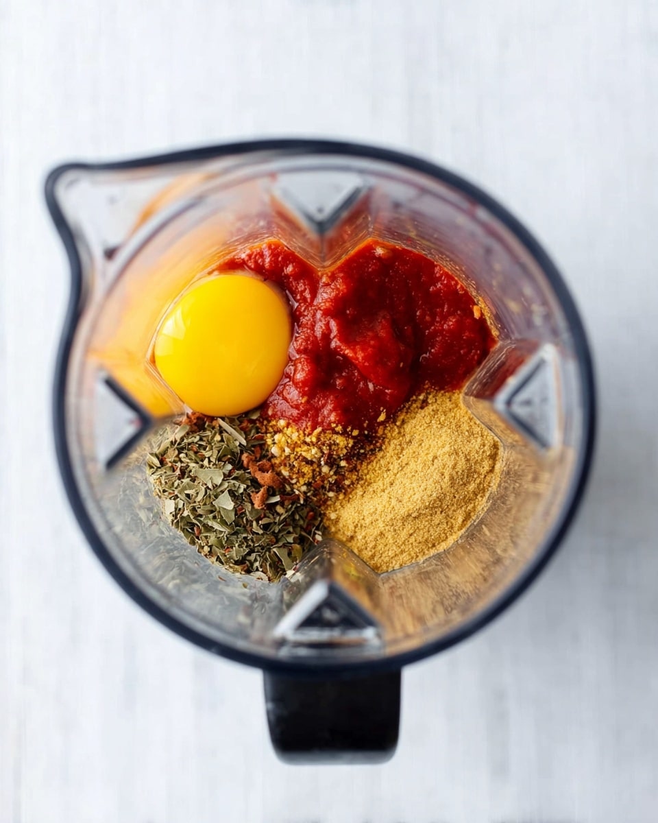 The image shows a clear blender container sitting on a white marbled surface. Inside the blender, there are four separate ingredients arranged in small sections: a bright yellow whole egg yolk on the left top side, a thick red sauce next to it on the right, a light brown powder filling the right bottom corner, and a mix of green and brown dried herbs in the left bottom corner. The ingredients are not mixed and sit clearly separated in the blender. photo taken with an iphone --ar 4:5 --v 7