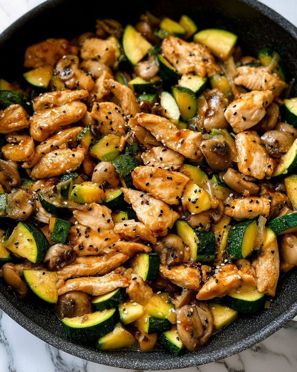 The image shows a close-up of a black pan filled with a dish consisting of multiple layers. The bottom layer is a cooked mix of green zucchini pieces and light brown mushrooms, all cut into bite-sized chunks. On top of this is a layer of cooked golden-brown chicken slices scattered evenly throughout, with a slightly glossy texture from a light sauce. Small black sesame seeds are sprinkled across all the ingredients, adding contrast and texture. The scene is set on a white marbled surface. photo taken with an iphone --ar 4:5 --v 7