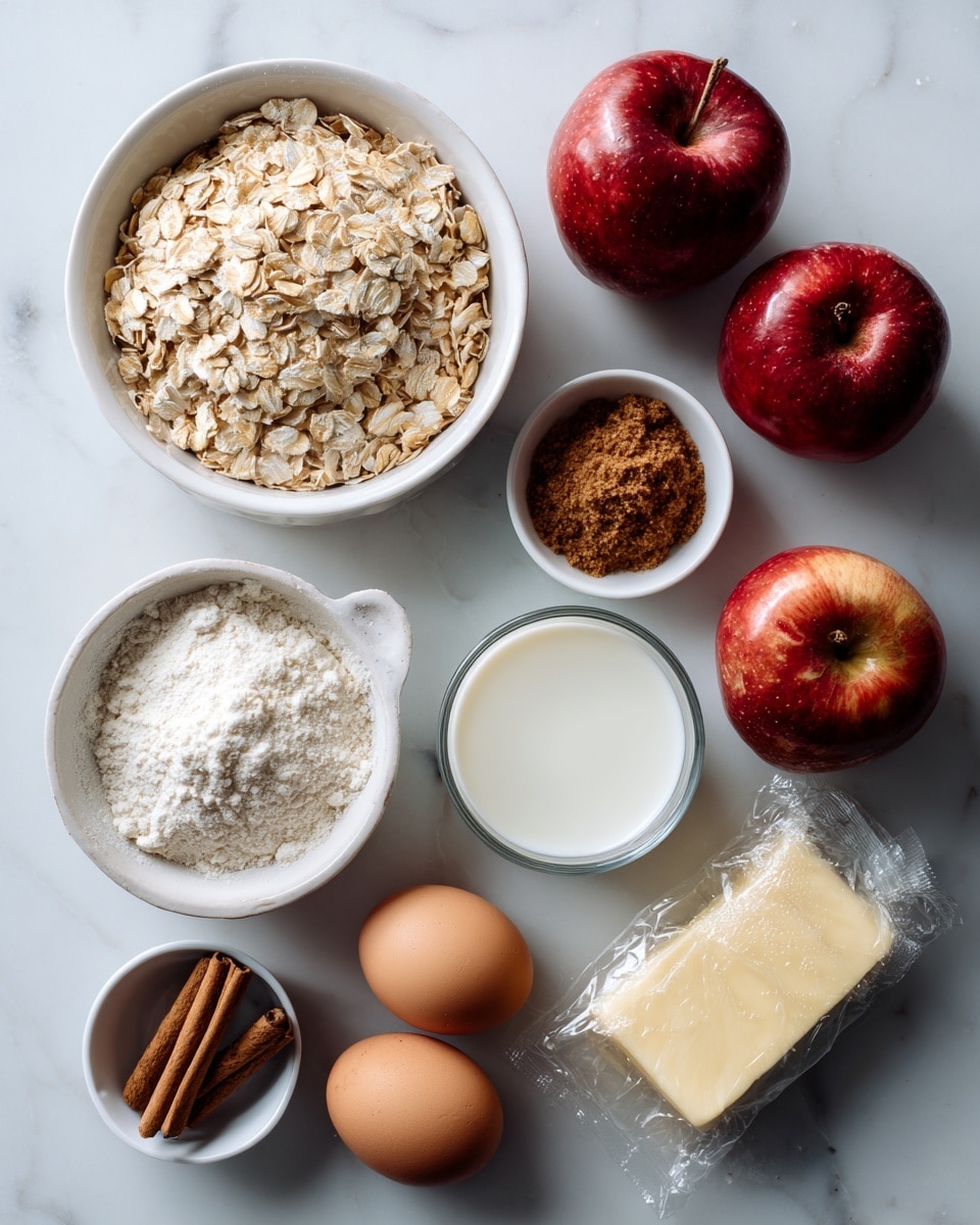 The image shows an overhead view of several small containers and food items arranged neatly on a white marbled surface. In the center left is a white bowl filled with rolled oats, next to it a small white dish with baking powder, and a small bowl with brown sugar above. Near the center right is a glass cup filled with milk, beside two brown eggs and a wrapped stick of butter. Two whole red apples are placed near the middle top of the frame. A small bowl with cinnamon is placed near the brown sugar. Each ingredient is spaced evenly, clean, and clearly visible. photo taken with an iphone --ar 4:5 --v 7