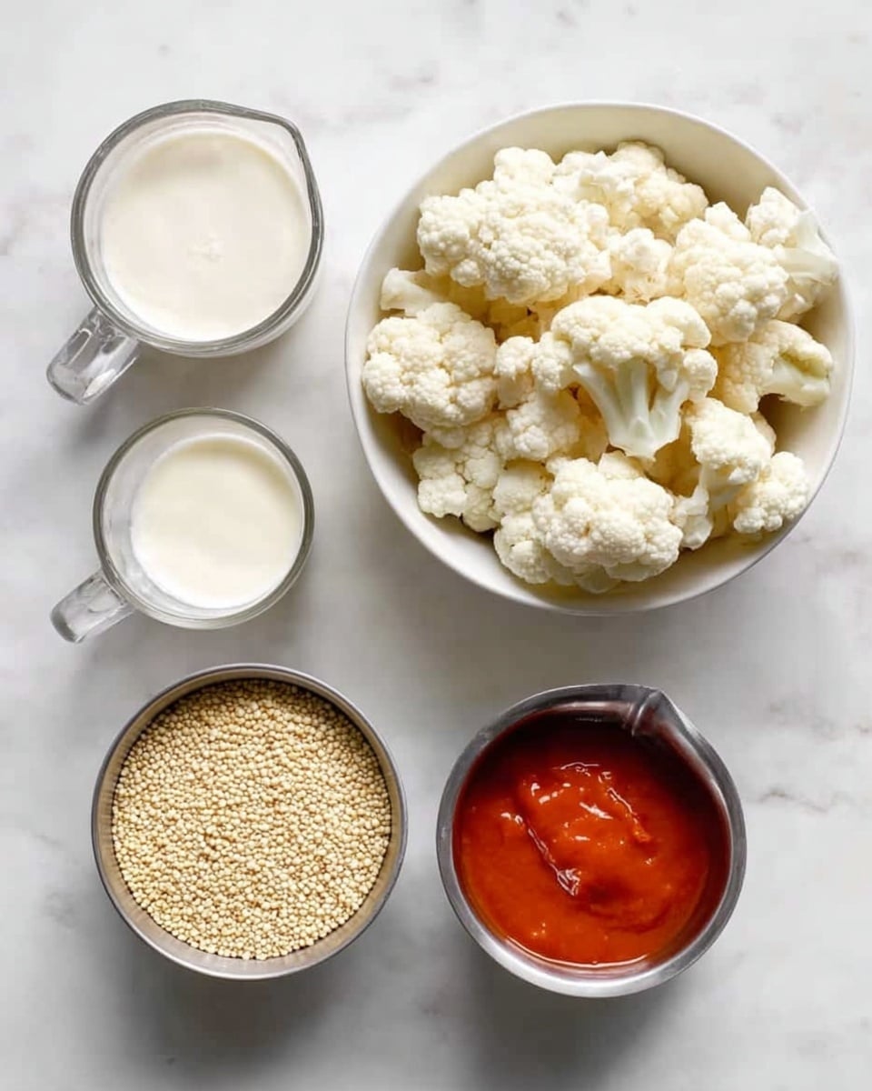 The image shows five separate containers on a white marbled surface. In the top right is a white bowl full of white cauliflower florets with a slightly rough texture. To the left of it is a smaller white bowl with smooth, white coconut oil. Below these bowls are three measuring cups: to the left is a clear glass cup with creamy white coconut milk, in the bottom middle is a metal cup filled with small, pale yellow quinoa grains, and to the right is a metal cup holding bright red-orange hot sauce. All items are arranged clearly and spaced apart, with a clean and simple look. photo taken with an iphone --ar 4:5 --v 7