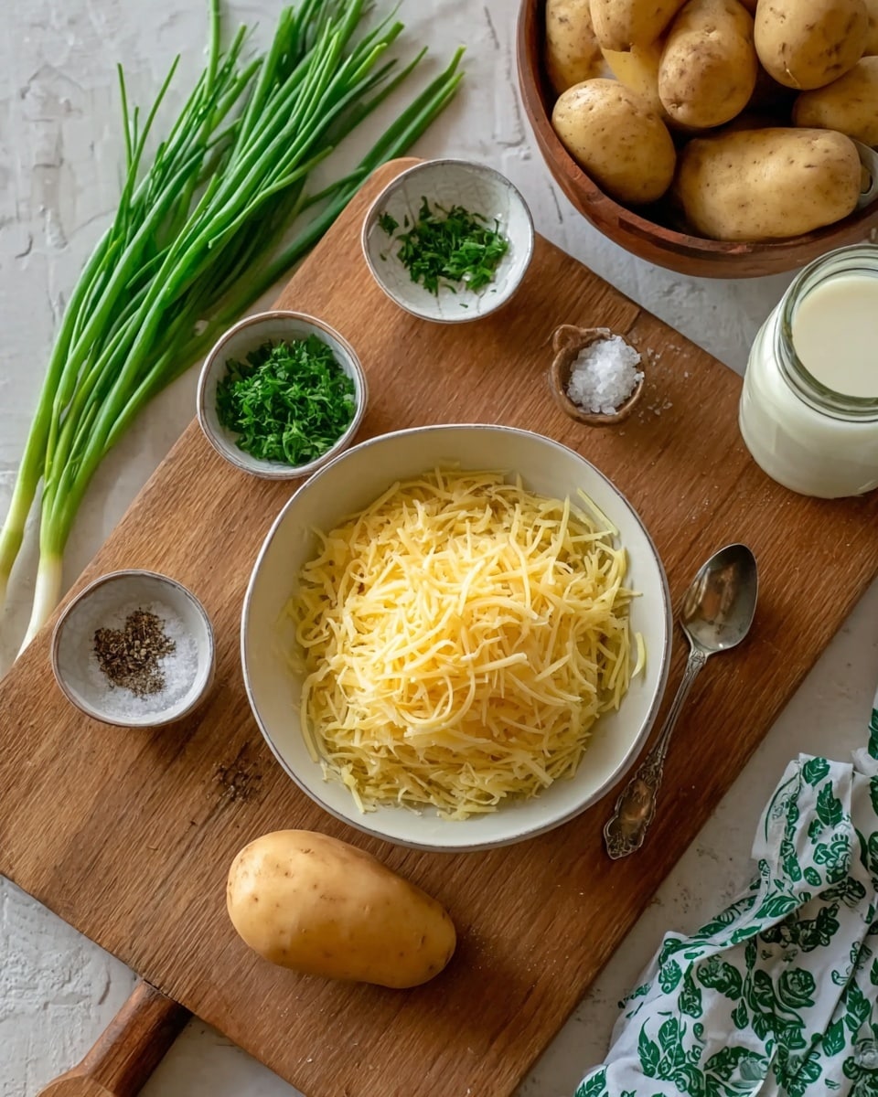 The image shows a white bowl filled with grated yellow potatoes placed on a wooden cutting board in the center. Around the bowl, there are two small white dishes, one with chopped green herbs and the other with black pepper. A single whole light brown potato lies on the board near a vintage silver spoon. To the left side of the board, there is a bunch of green onions and parsley. In the background, a white bowl filled with whole light brown potatoes sits on a wooden surface. Nearby, there is a small brown bowl of coarse salt, a glass jar of milk, and a folded cloth with green leaf patterns. The whole scene is set on a white marbled surface with a soft light falling on it. photo taken with an iphone --ar 4:5 --v 7