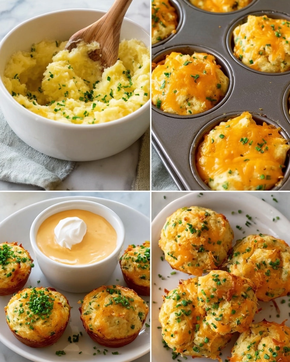 The image shows four stages of making cheesy and herb muffins. The first layer is a white bowl filled with a yellow mashed mixture with bright orange shredded cheese and sprinkled green herbs, being stirred with a wooden spoon. The second layer shows spoonfuls of the same mixture, now thick and creamy with orange cheese and green herbs mixed in, placed in a metal muffin tray with six visible wells. The third layer displays the muffins after baking, golden brown on top with a slightly crispy texture, cheese melted on top with some browned spots, and bits of green herbs scattered. The last layer presents a white plate holding small round muffins garnished with green herbs, alongside a white round sauce bowl filled with a smooth, creamy orange-yellow dip, with a little dollop of cream on top. The background is a white marbled texture. Photo taken with an iphone --ar 4:5 --v 7