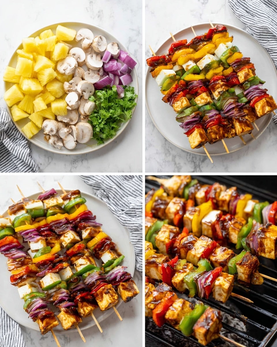 The first image shows a white plate with five groups of fresh, chopped ingredients arranged in sections: yellow pineapple cubes, white mushrooms, yellow bell peppers, green bell peppers, red bell peppers, and purple onion pieces, all on a white marbled surface with a striped cloth nearby. The second image has the same white plate filled with assembled skewers evenly stacked, each skewer featuring layers of yellow pineapple, white mushrooms, yellow bell pepper, green bell pepper, red bell pepper, and purple onion in repeating order. The third image shows the skewers placed again on the white plate with a shiny brown glaze brushed over them, a wooden brush lying on the side, on the white marbled surface. The fourth close-up image shows the skewers grilling on a black metal grill, with the edges of the vegetables and tofu pieces starting to brown and char, giving a fresh grilled look. photo taken with an iphone --ar 4:5 --v 7